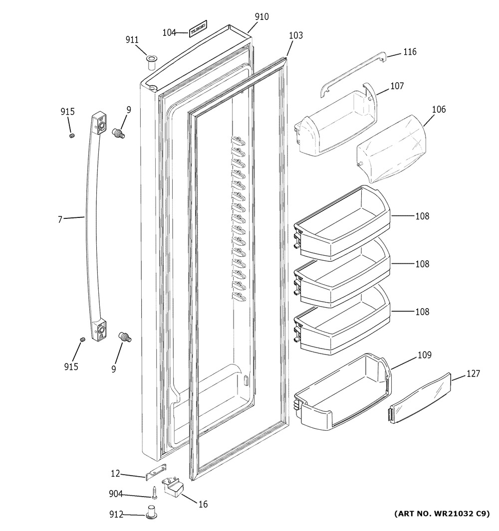 Fresh Food Door Diagram and Parts List for XSS23GGKPCBB  General Electric Refrigerator