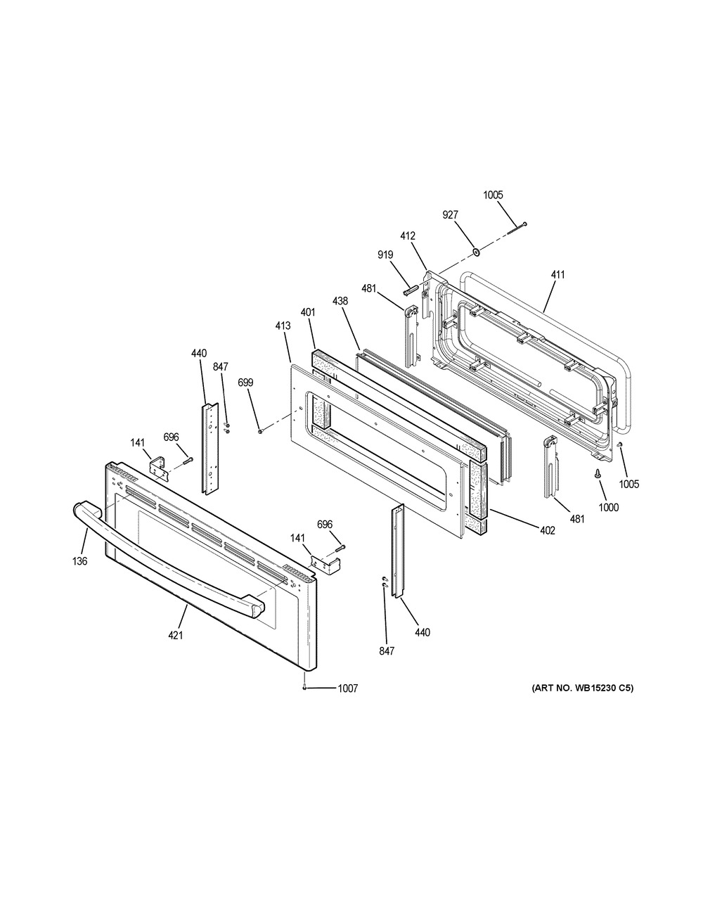 Upper Door Diagram and Parts List for PB960FJ5DS  General Electric Range