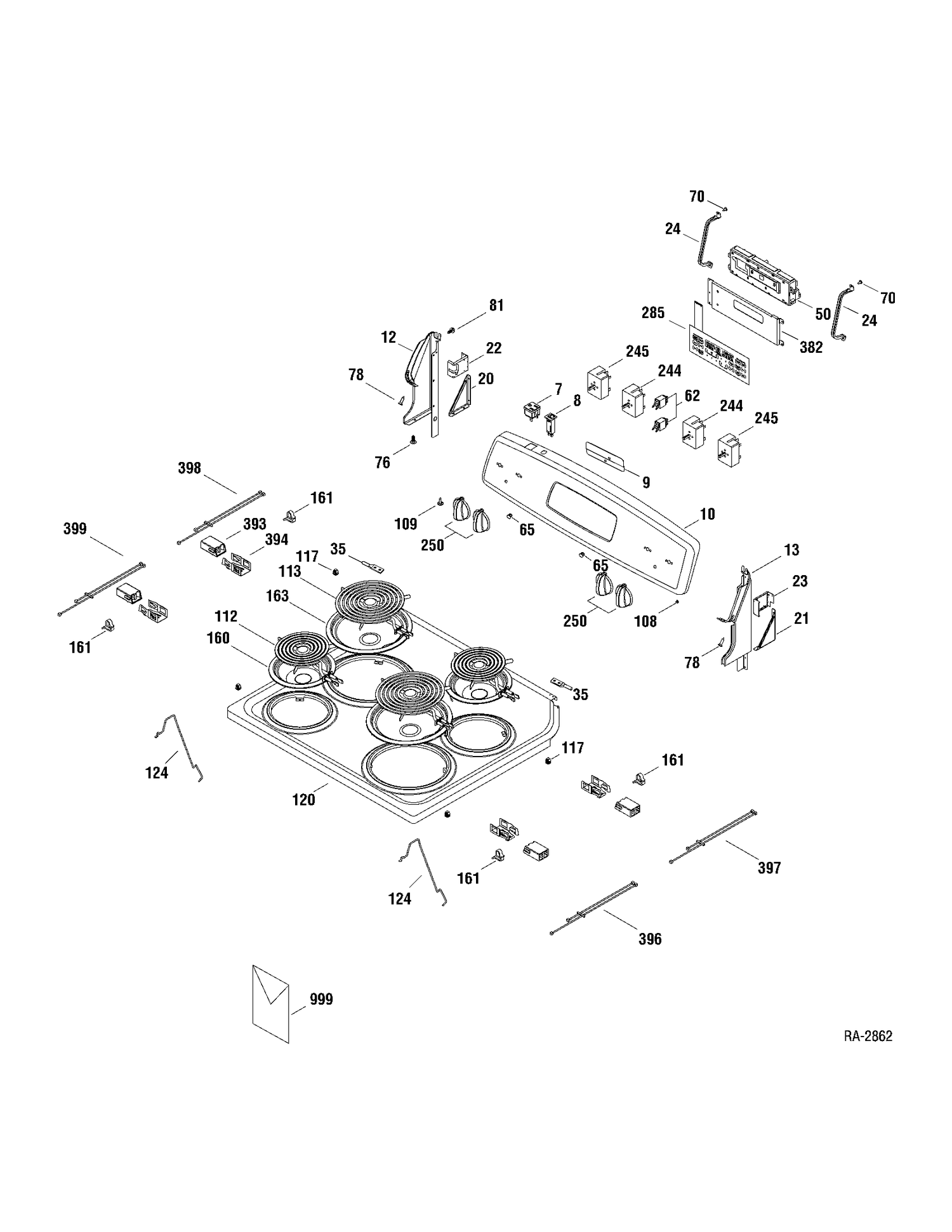 CONTROLS & COOKTOP Diagram and Parts List for JCBP40DP1WW  General Electric Range