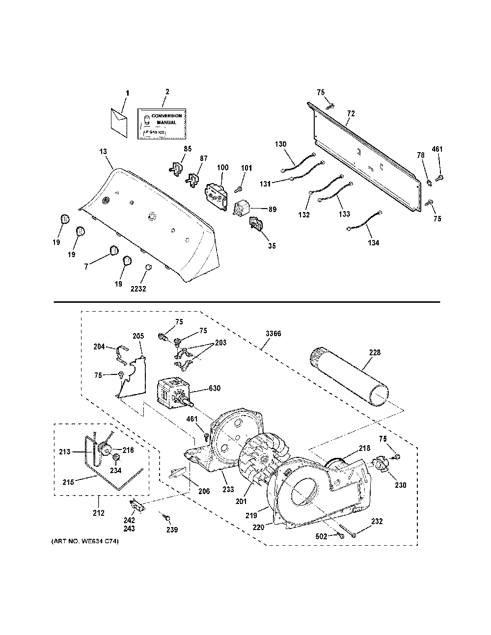 Backsplash, Blower And Motor Assembly Diagram and Parts List for GTD42GASJ3WW  General Electric Dryer