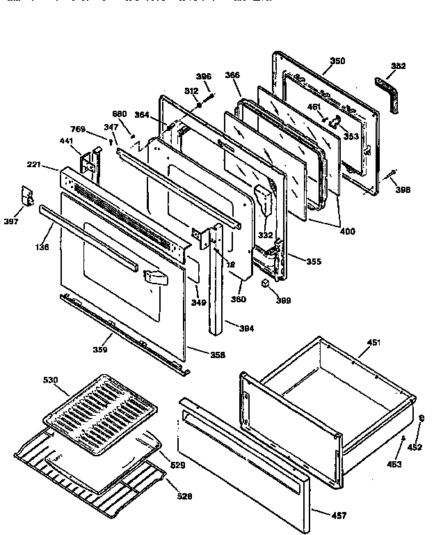 Door And Drawer Diagram and Parts List for JBP30GY1AW  General Electric Range