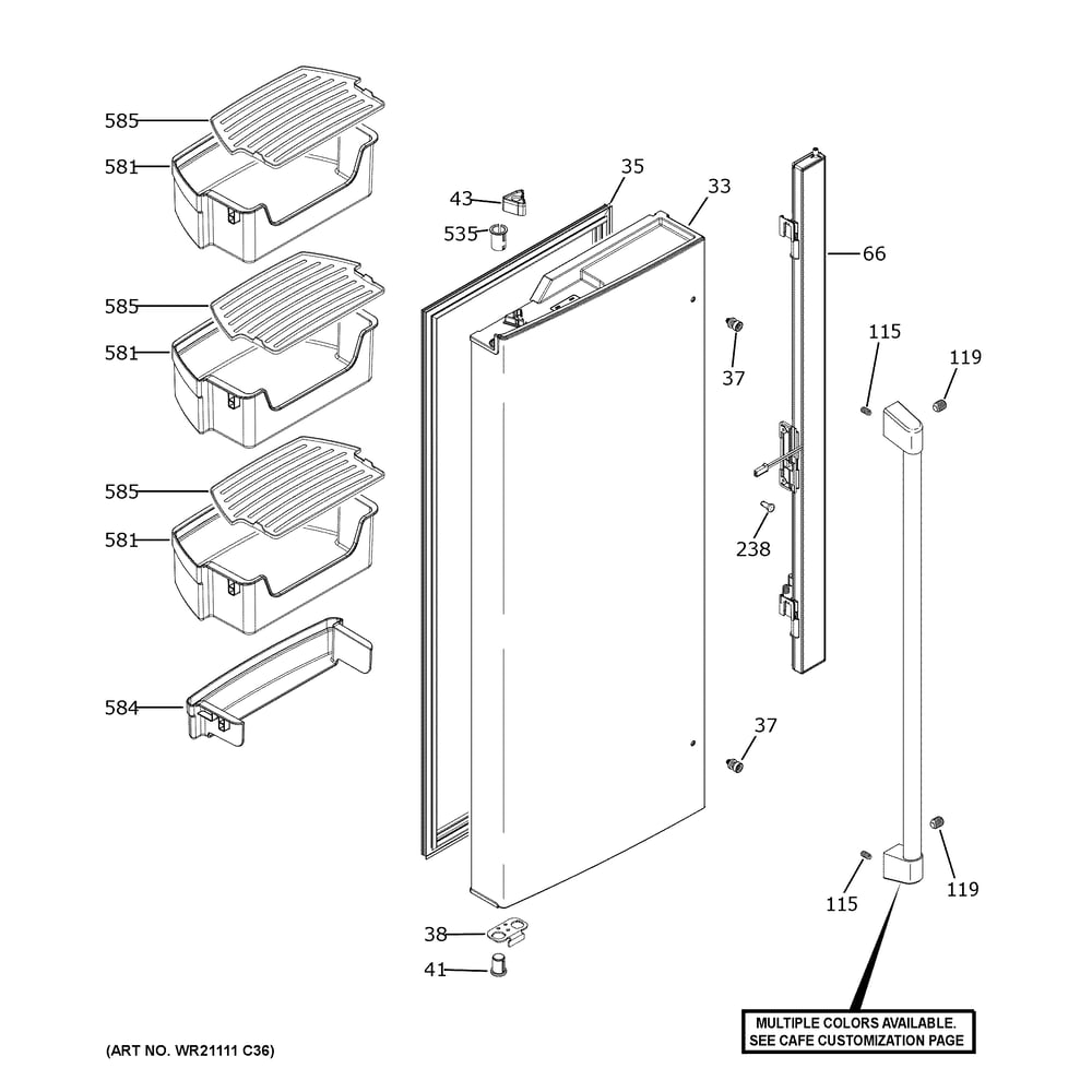 Fresh Food Door - Lh Diagram and Parts List for CWE19SP2NXS1  General Electric Refrigerator