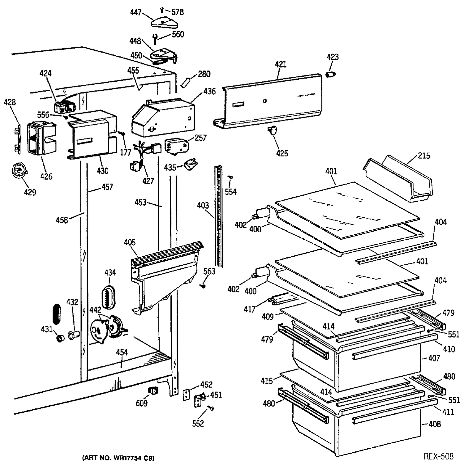 REFRIGERATOR SHELVES Diagram and Parts List for CSX20GASBAD  General Electric Refrigerator