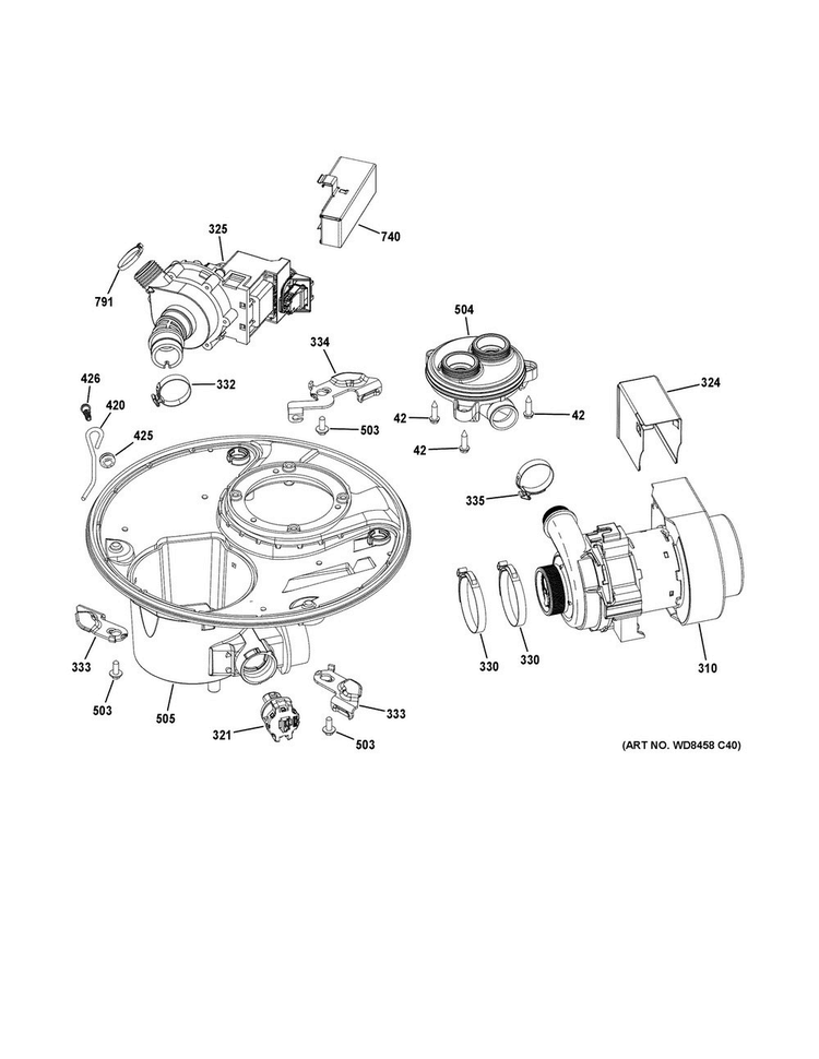 Sump & Motor Mechanism Diagram and Parts List for DDT575SGF5BB  General Electric Dishwasher