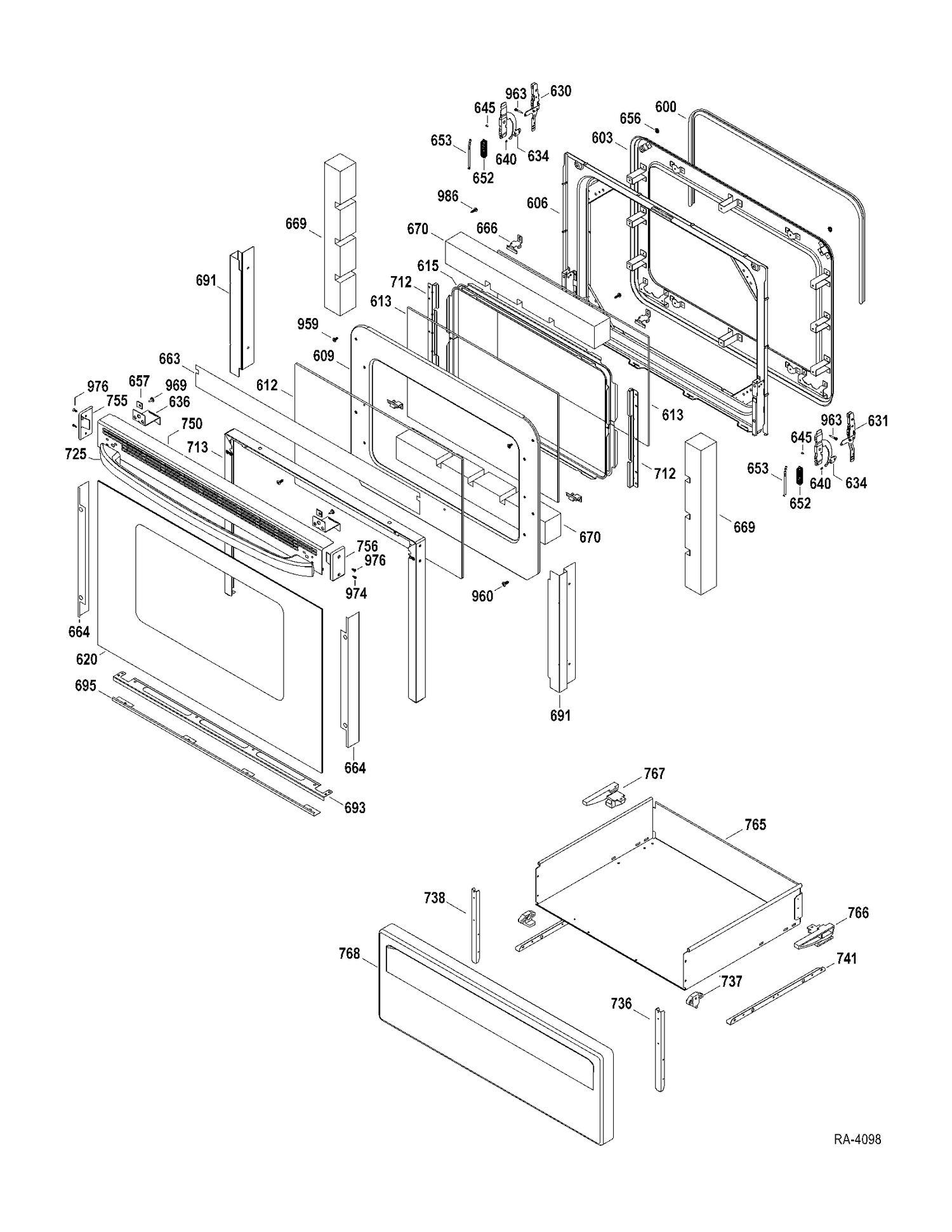 DOOR-DRAWER Diagram and Parts List for MCB787DR2WW  General Electric Range