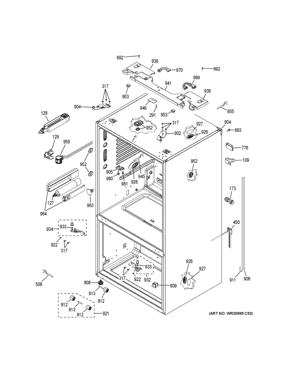 Case Parts Diagram and Parts List for GNE29GGKHWW  General Electric Refrigerator