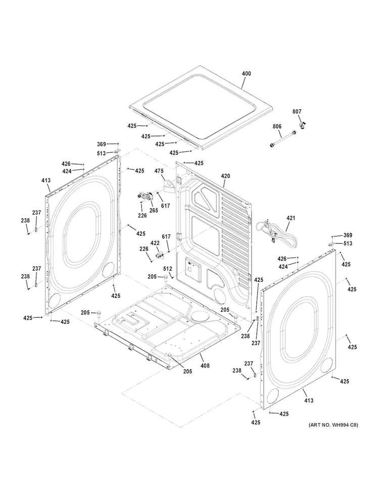 Cabinet & Top Panel Diagram and Parts List for GFD49GRPK0DG  General Electric Dryer