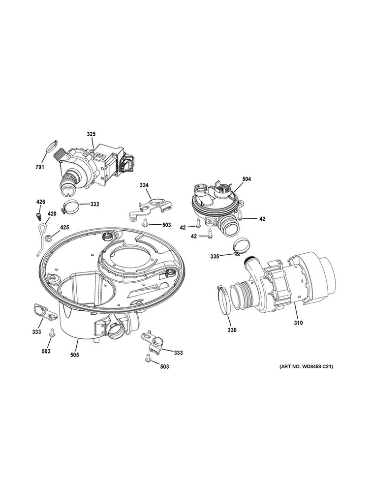 Sump & Motor Mechanism Diagram and Parts List for GDF510PGJ4BB  General Electric Dishwasher
