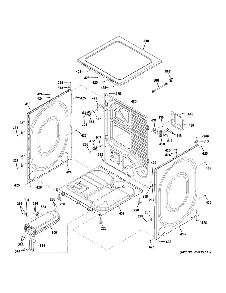 Cabinet & Top Panel Diagram and Parts List for GFD48ESPK0DG  General Electric Dryer