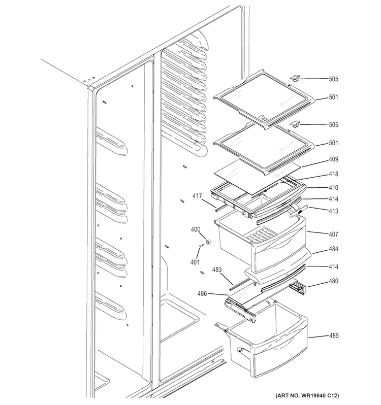 Fresh Food Shelves Diagram and Parts List for GSS25CGHECWW  General Electric Refrigerator