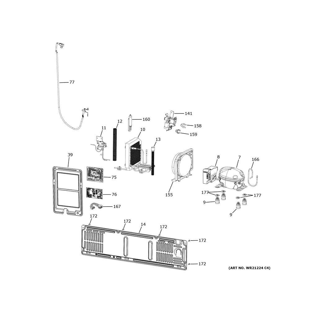 Machine Compartment Diagram and Parts List for CXE22DM5PFS5  General Electric Refrigerator