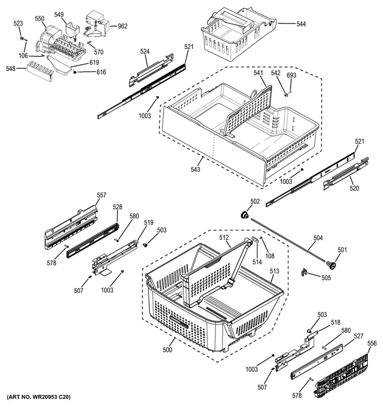 Freezer Shelves Diagram and Parts List for ZWE23ESHFSS  General Electric Refrigerator