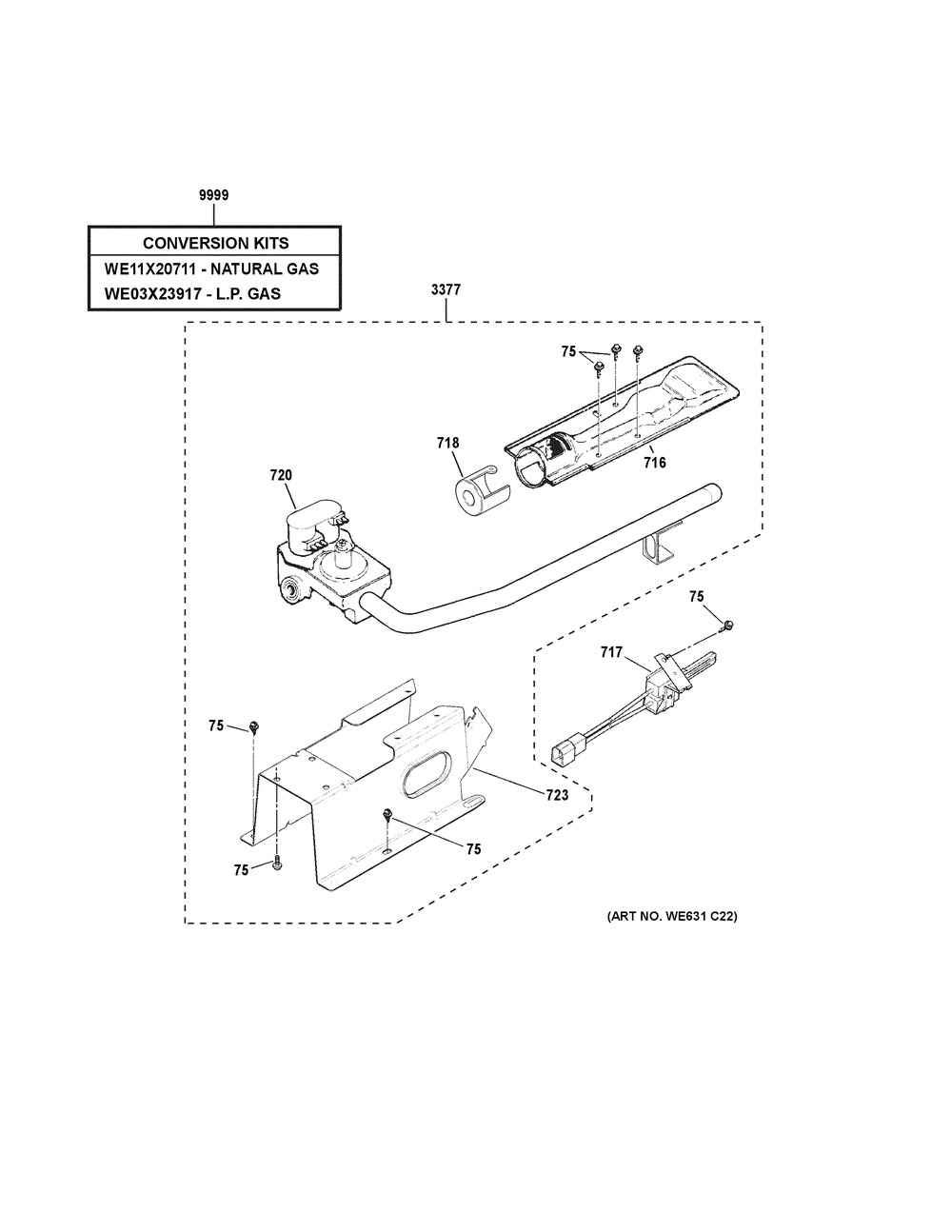 Gas Valve And Burner Assembly Diagram and Parts List for PTD90GBPT1DG  General Electric Dryer