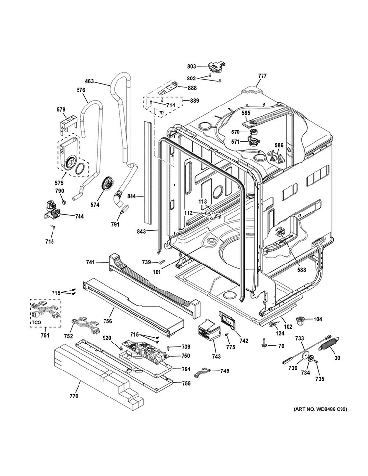 Body Parts Diagram and Parts List for GDT590SSJ7SS  General Electric Dishwasher