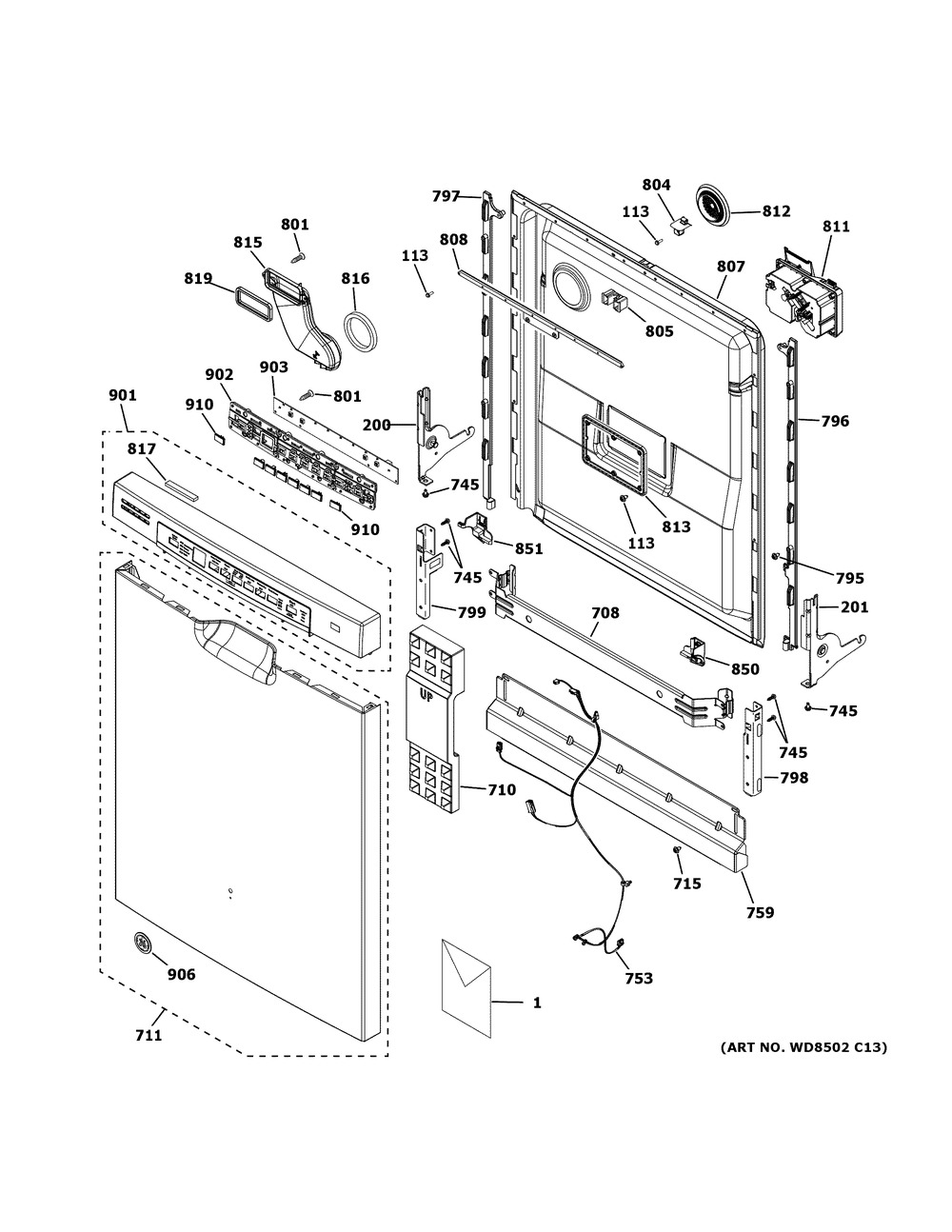 Escutcheon And Door Assembly Diagram and Parts List for GDF640HGM4WW  General Electric Dishwasher