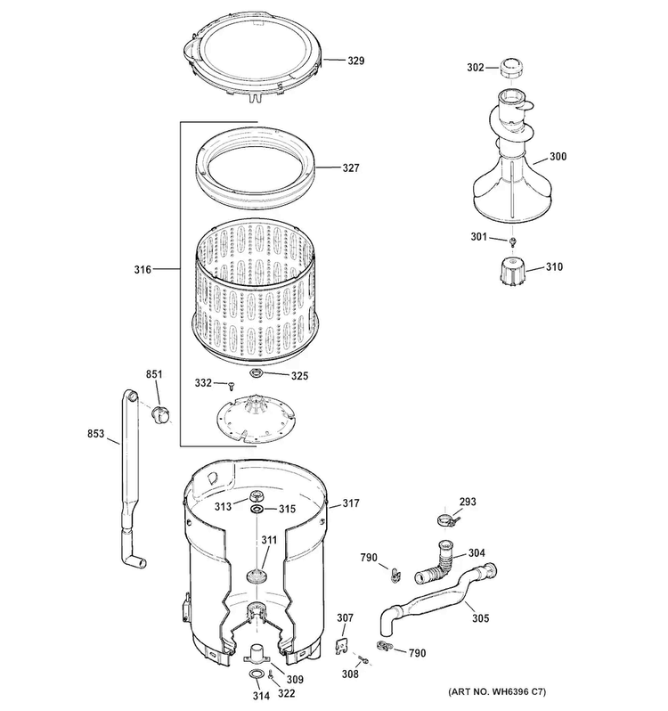 Tub, Basket & Agitator Diagram and Parts List for GTWP1800D2WW  General Electric Washer