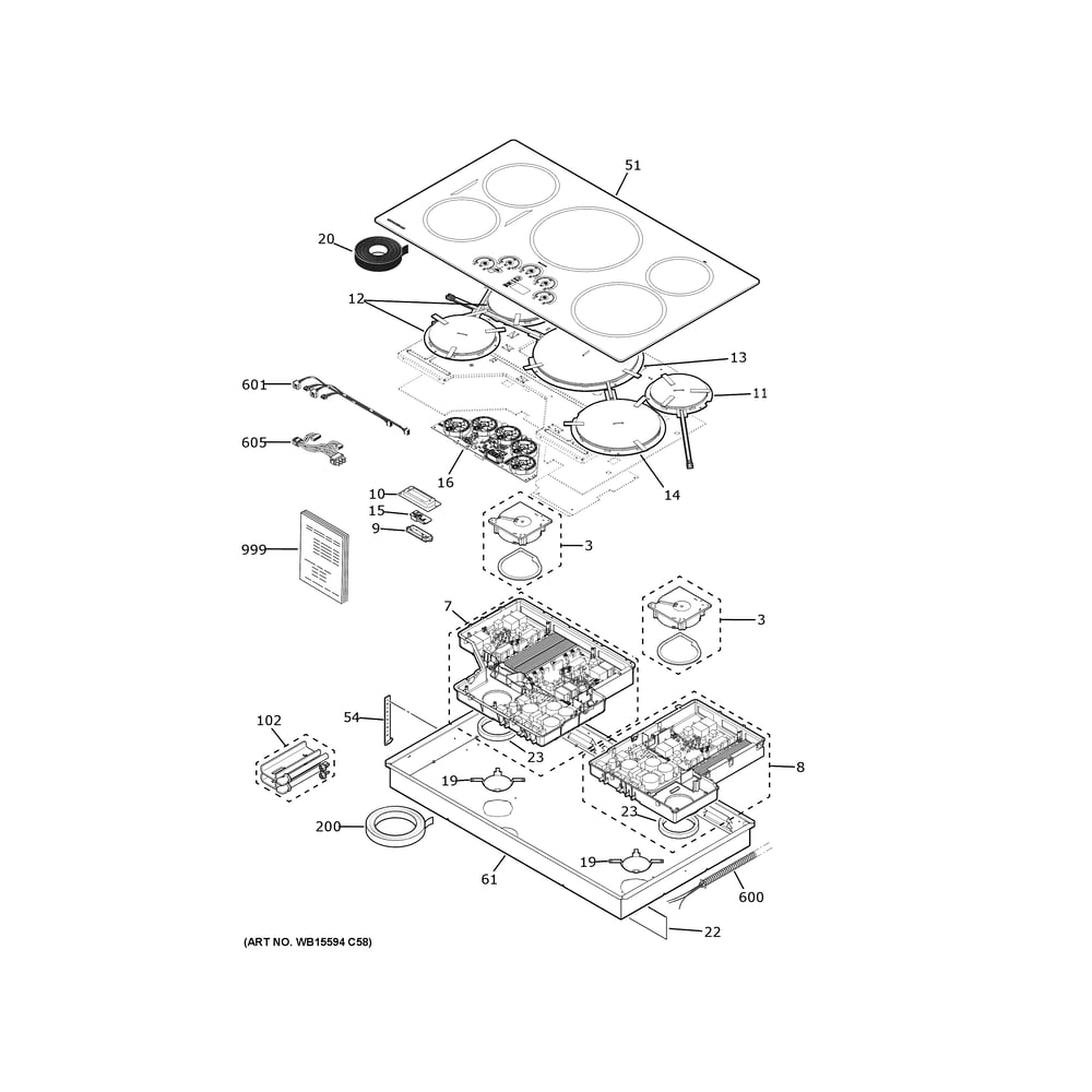Control Panel And Cooktop 1 Diagram and Parts List for ZHU36RDT3BB  General Electric Cooktop