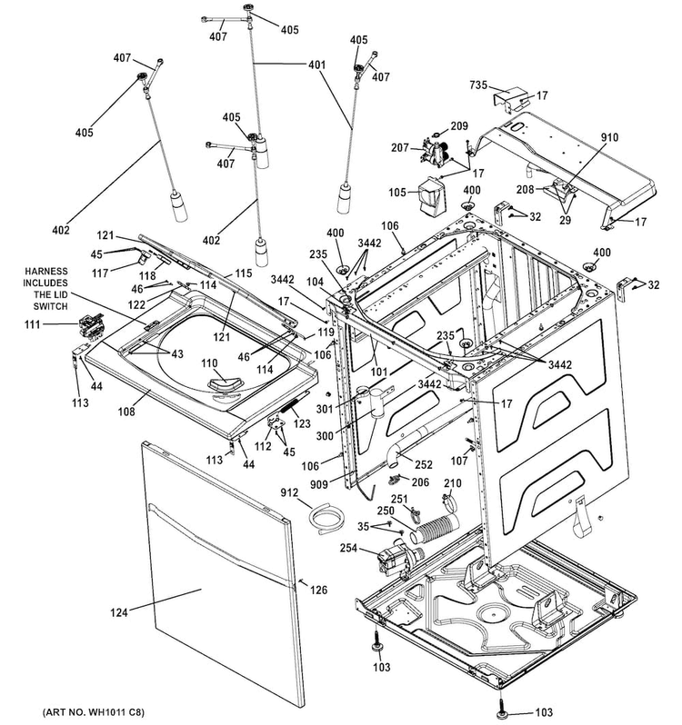 Cabinet Diagram and Parts List for GTUP240GM6WW  General Electric Washer Dryer Combo