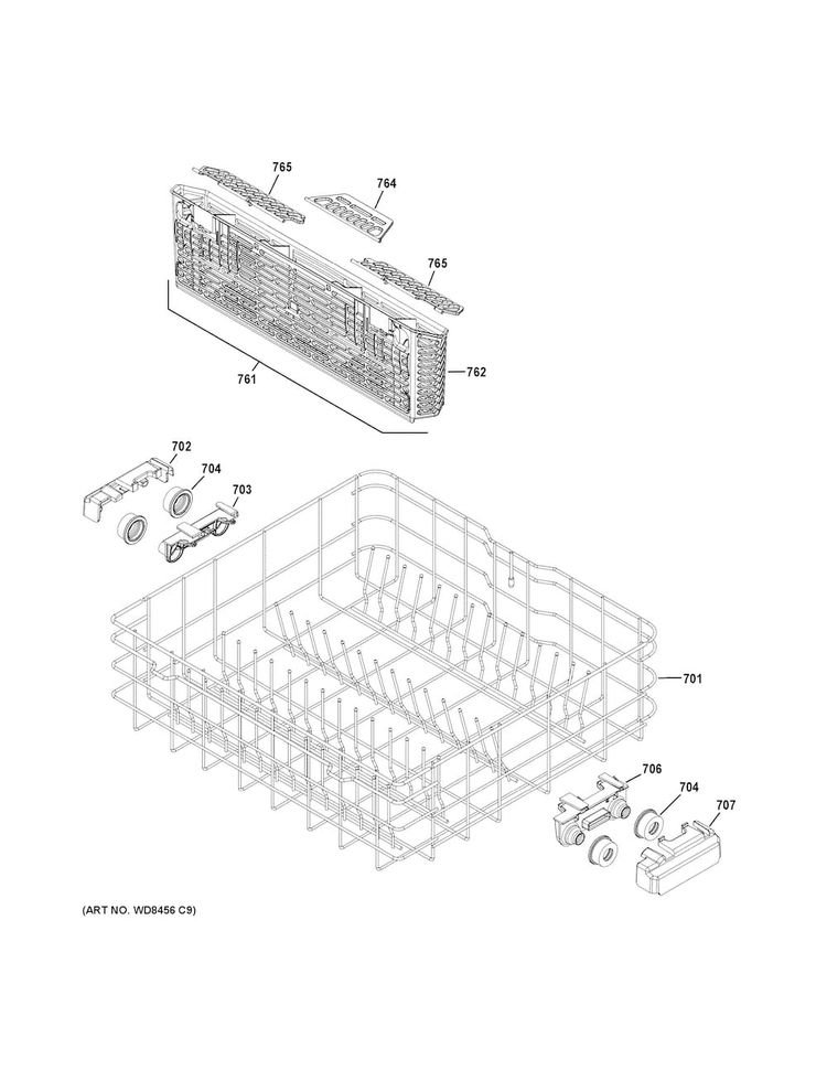 Lower Rack Assembly Diagram and Parts List for GDF510PGJ4BB  General Electric Dishwasher