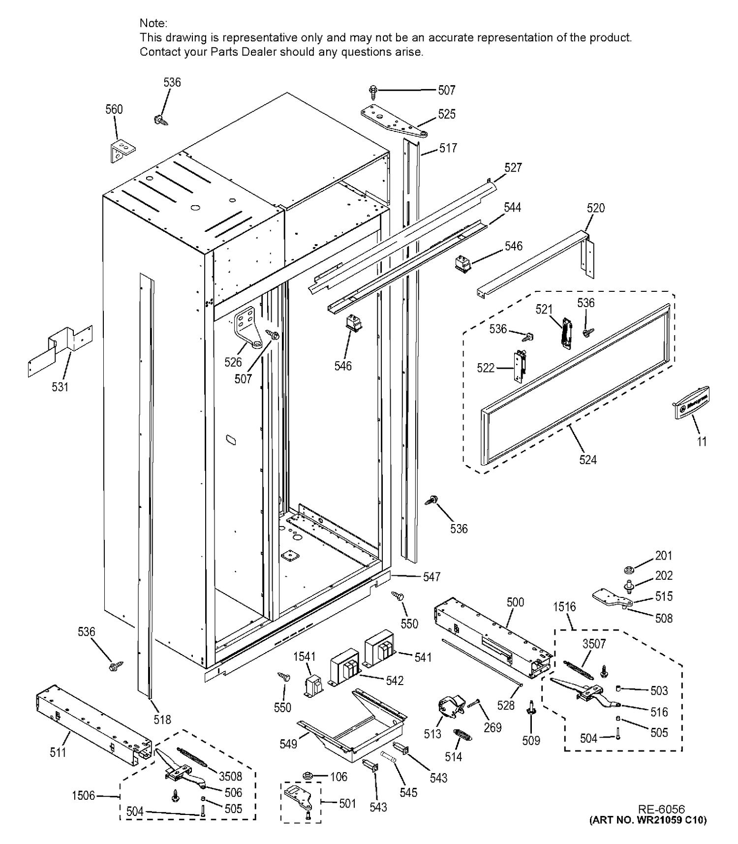 CASE PARTS Diagram and Parts List for ZISB360DHA  General Electric Refrigerator