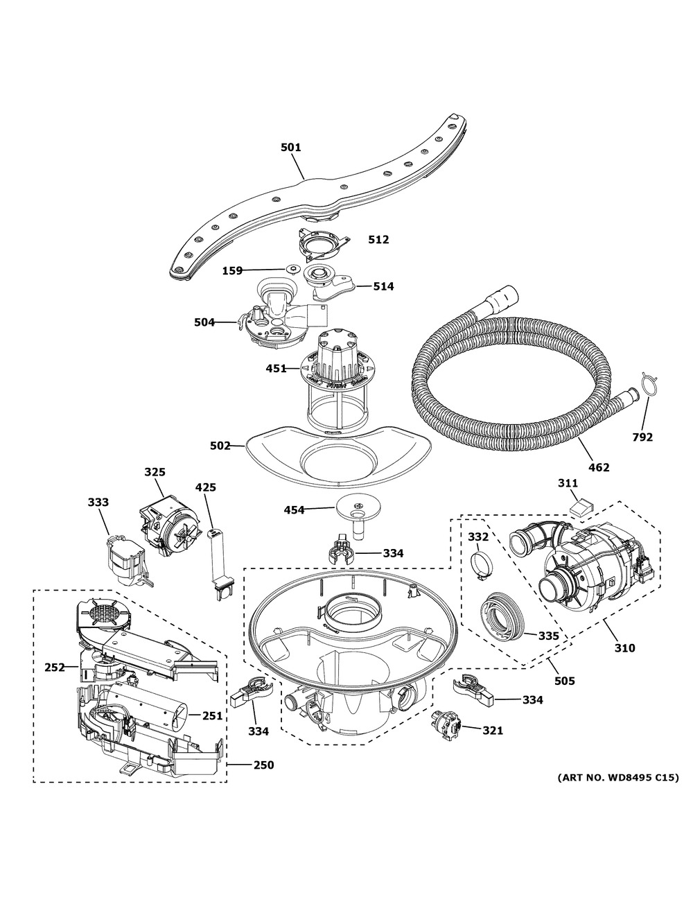 Motor, Sump & Filter Assembly Diagram and Parts List for ZDT925SPN0SS  General Electric Dishwasher