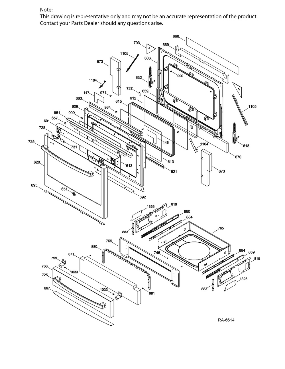 Door And Drawer Parts Diagram and Parts List for PCGS920EEJ2ES  General Electric Range