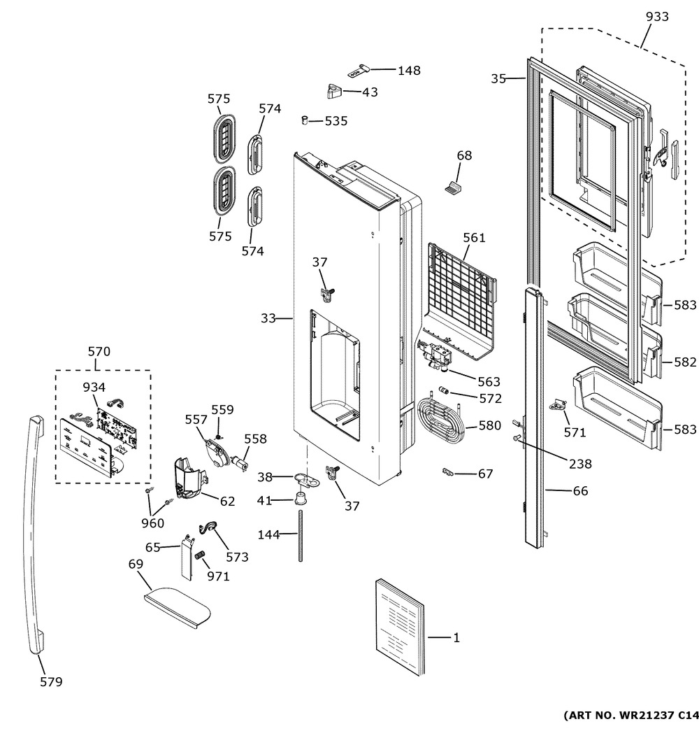 Dispenser Door Diagram and Parts List for GFE24JGKYFWW  General Electric Refrigerator