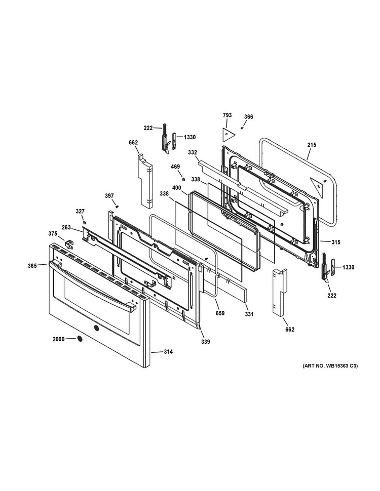 Lower Door Diagram and Parts List for PGS950SEF2SS  General Electric Range