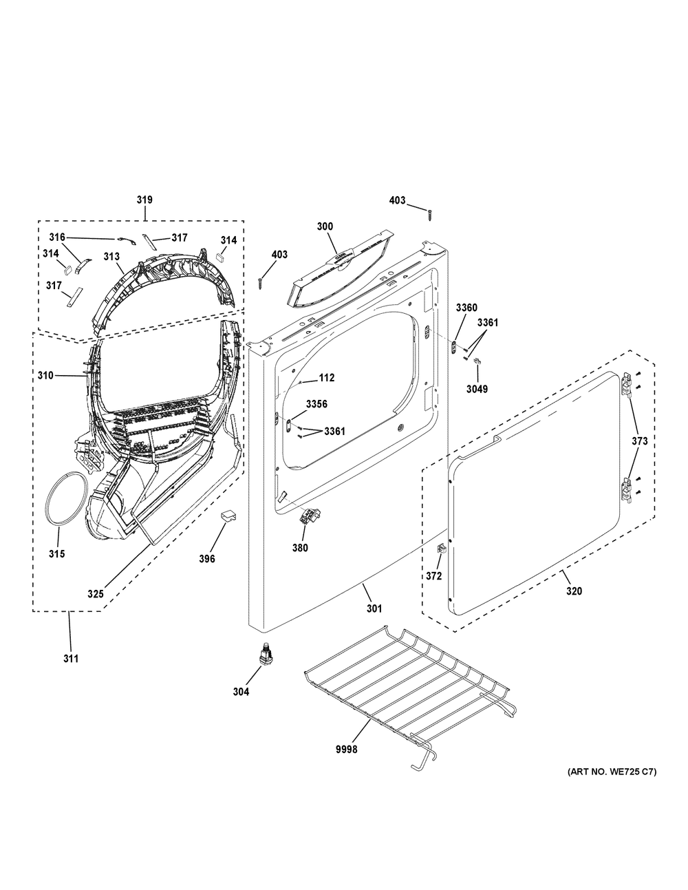 Front Panel And Door Diagram and Parts List for GTD38GASW0WS  General Electric Dryer