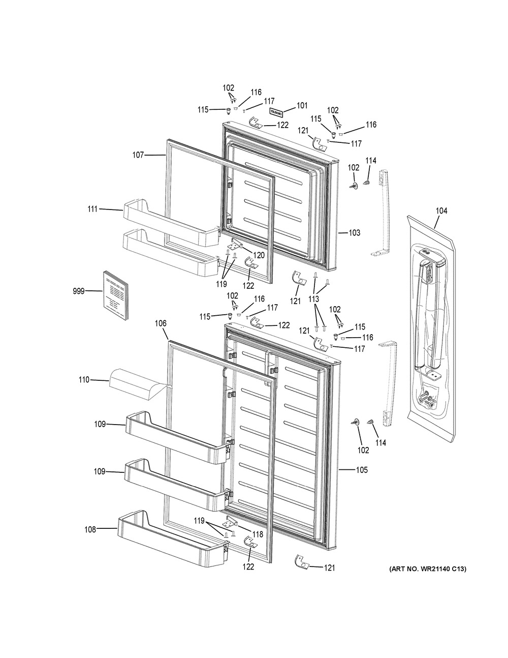 Doors Diagram and Parts List for XTS21FSKCSS  General Electric Refrigerator
