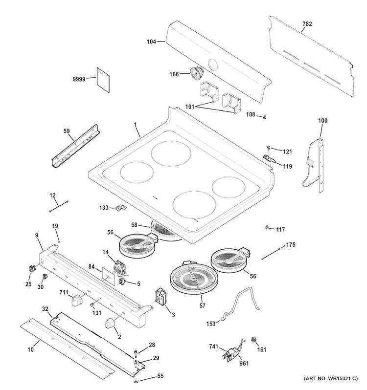 Control Panel & Cooktop Diagram and Parts List for ABS45DF1WS  General Electric Range