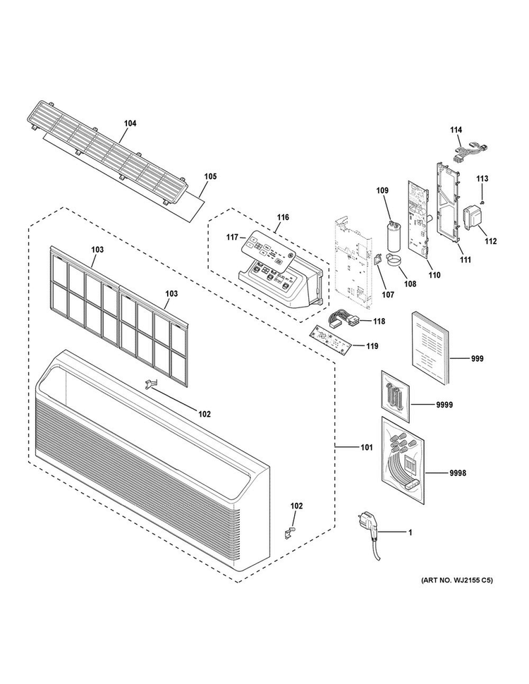 Grille & Control Parts Diagram and Parts List for AZ45E07DABW1  General Electric Air Conditioner