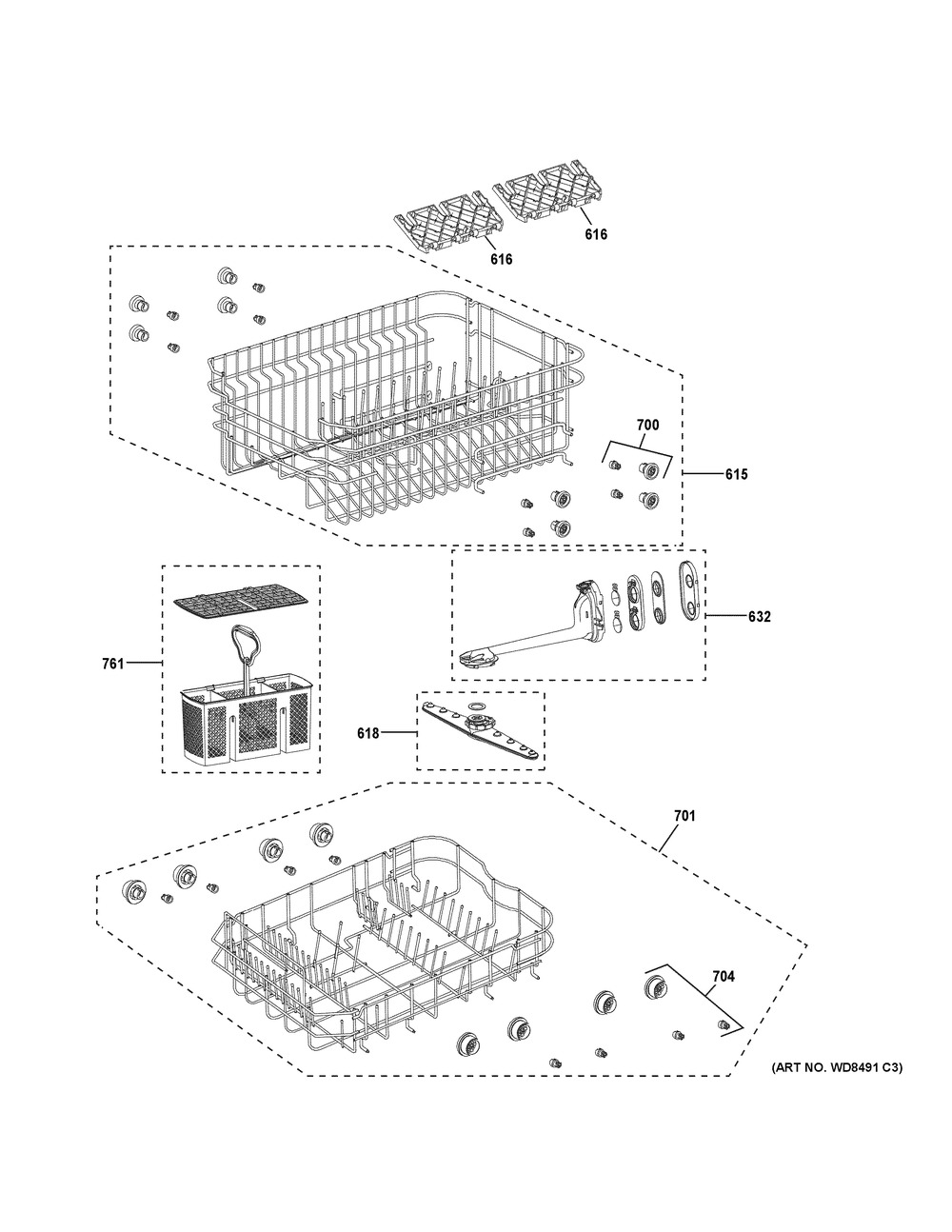 Rack Assemblies Diagram and Parts List for QDT125SSL0SS  General Electric Dishwasher