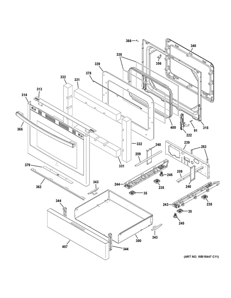 Door And Drawer Parts Diagram and Parts List for JGB700SEJ3SS  General Electric Range