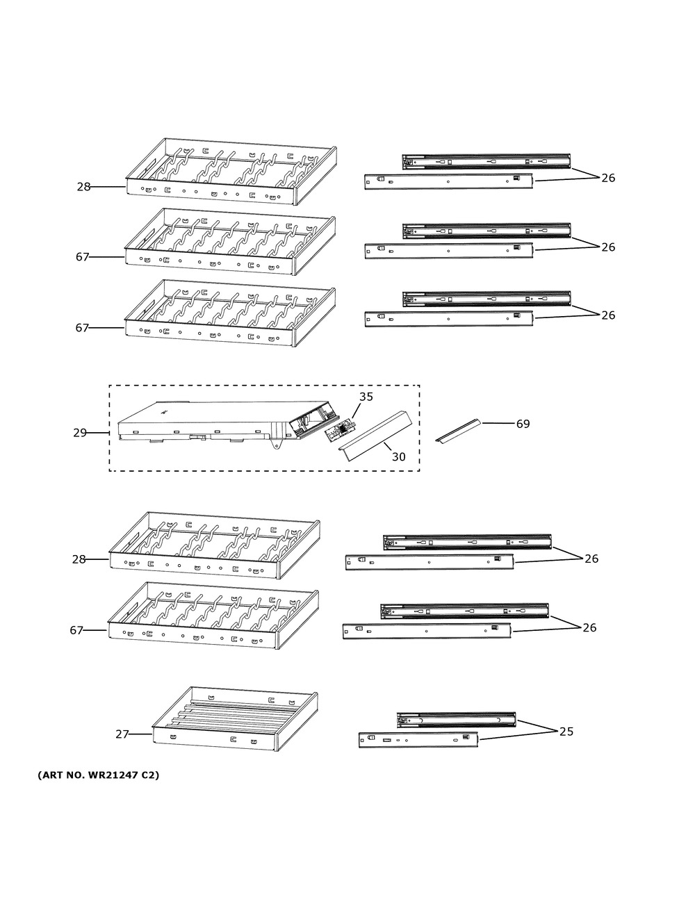 Shelves Diagram and Parts List for CCR06DM2PBS5  General Electric Wine and Beverage Cooler