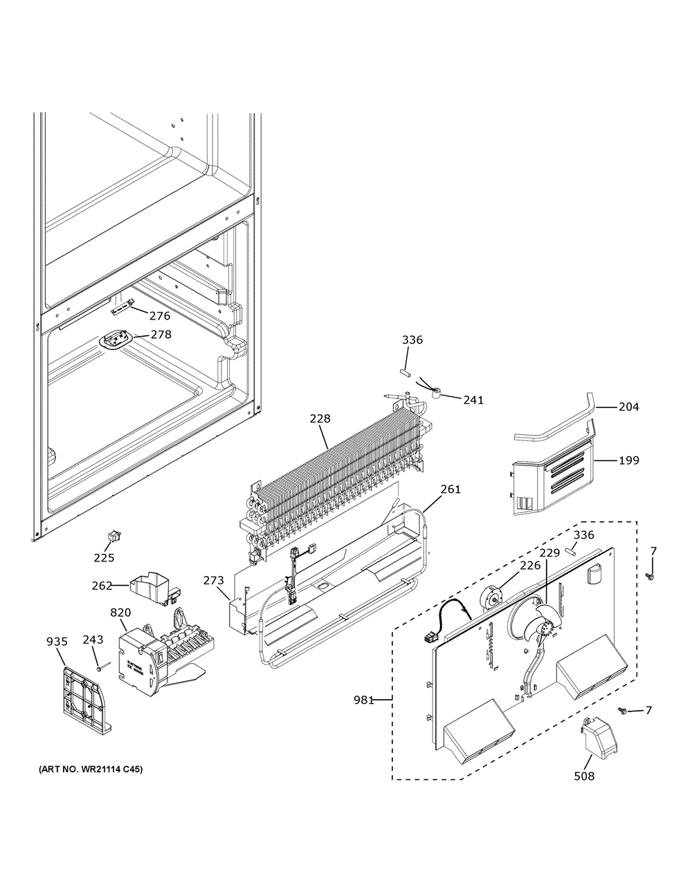 Freezer Section Diagram and Parts List for GNE25JGKZFBB  General Electric Refrigerator