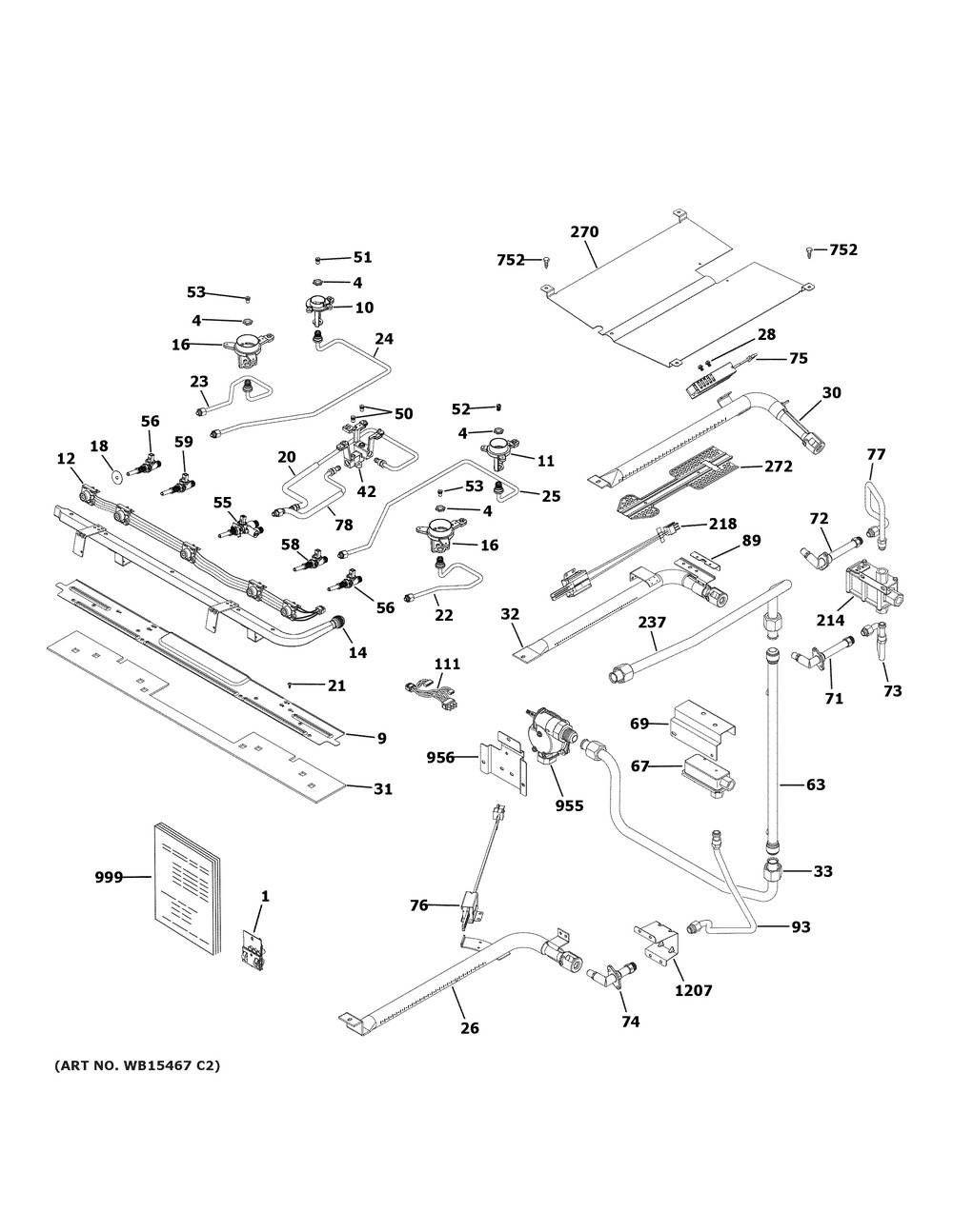 Gas And Burner Parts Diagram and Parts List for PGB960FEJ2DS  General Electric Range