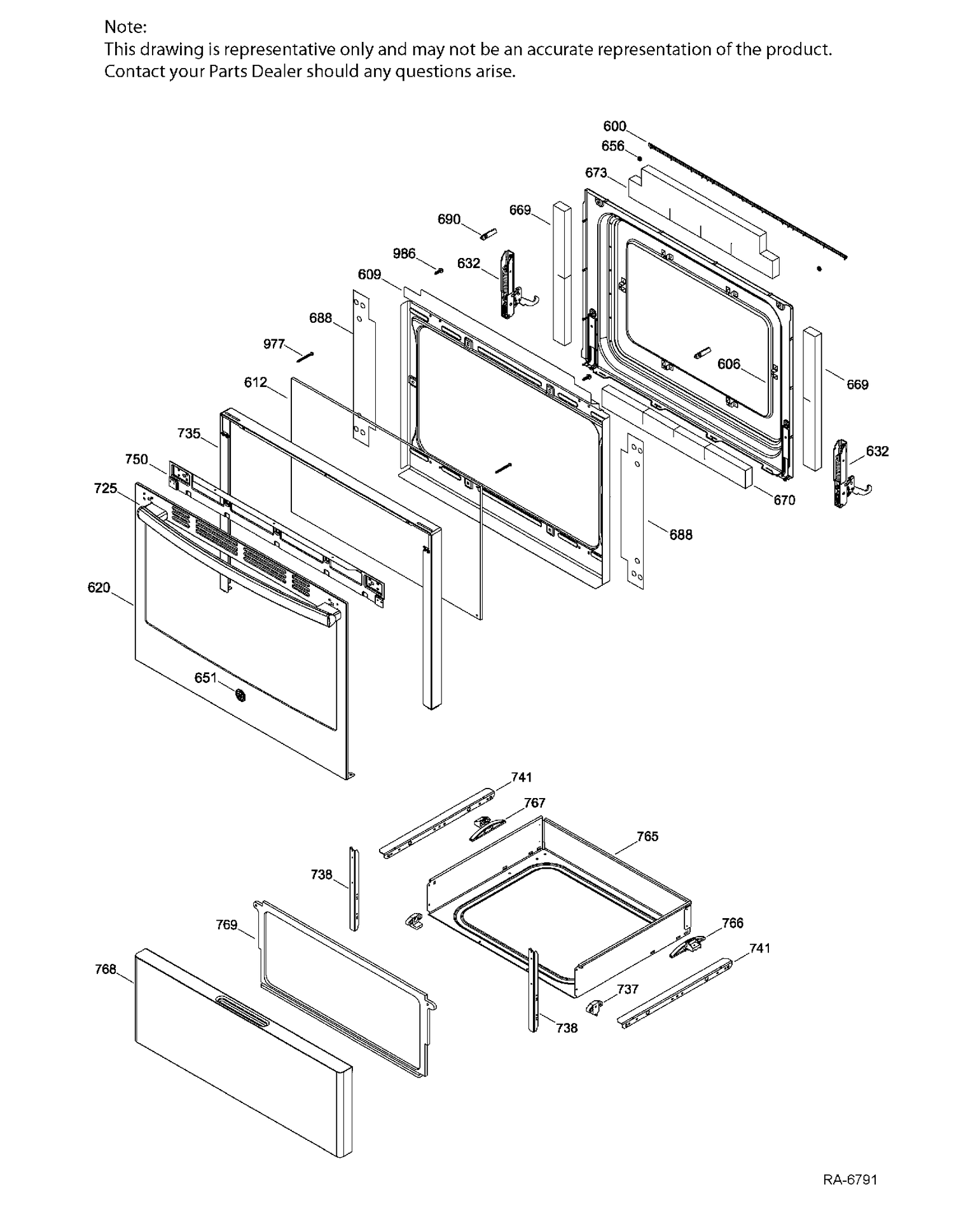 DOOR & DRAWER Diagram and Parts List for JCBS630SK1SS  General Electric Range