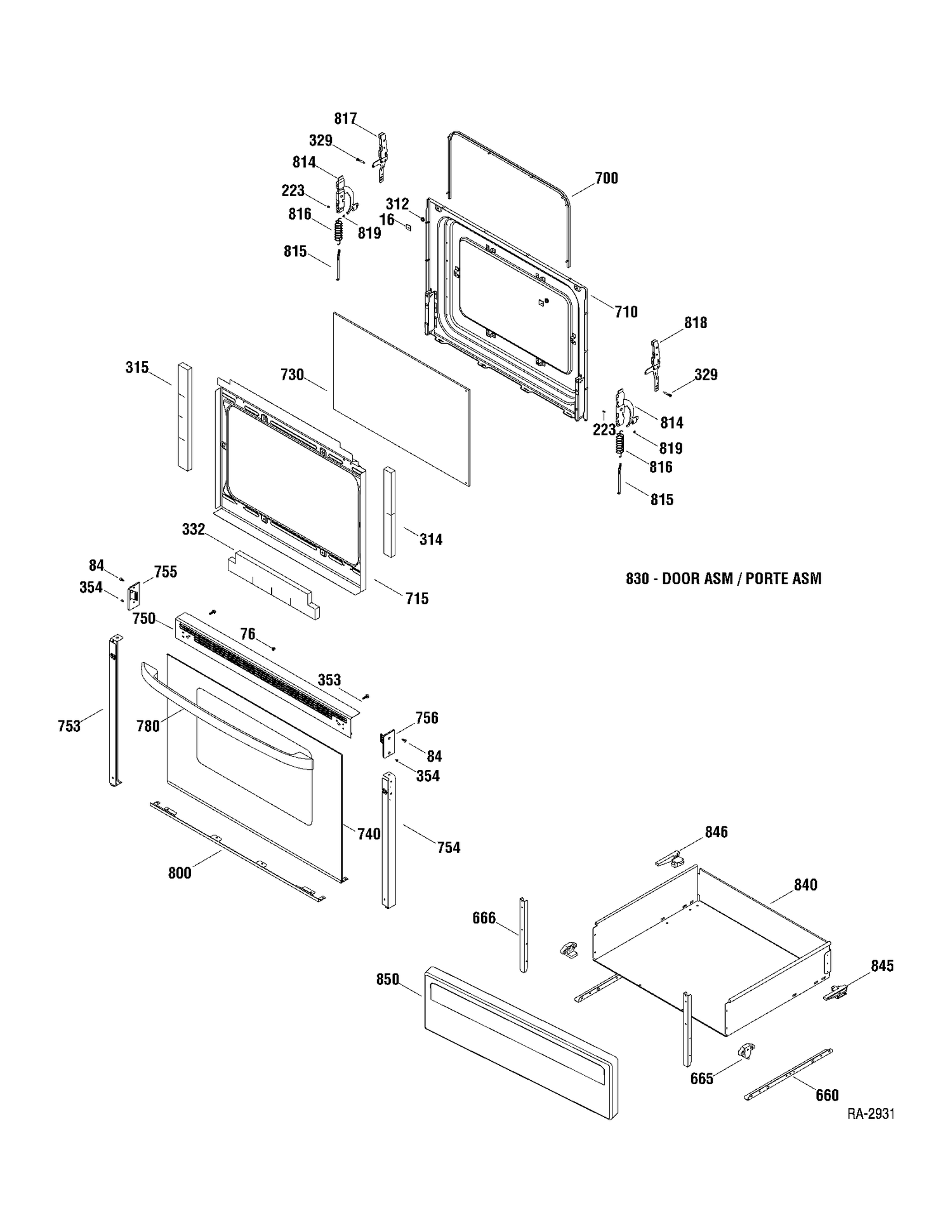 DOOR & DRAWER Diagram and Parts List for RCBS787DN1WW  General Electric Range