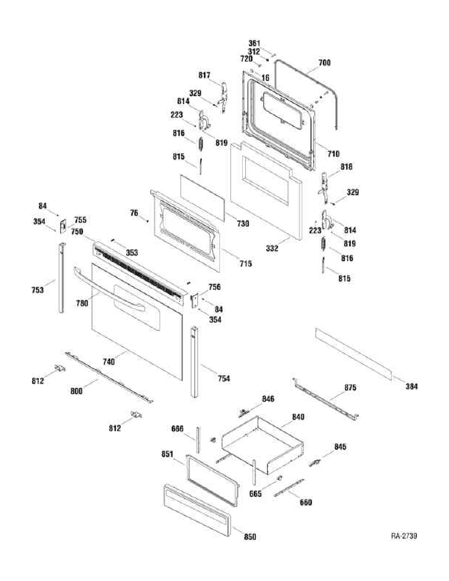DOOR & DRAWER Diagram and Parts List for MCBS585WK2WW  General Electric Range