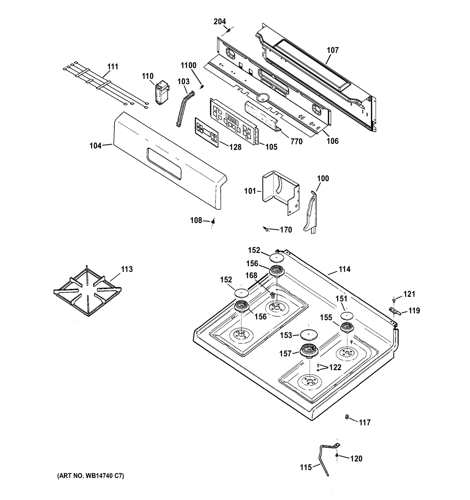 CONTROL PANEL & COOKTOP Diagram and Parts List for RGB780DEH3WW  General Electric Range