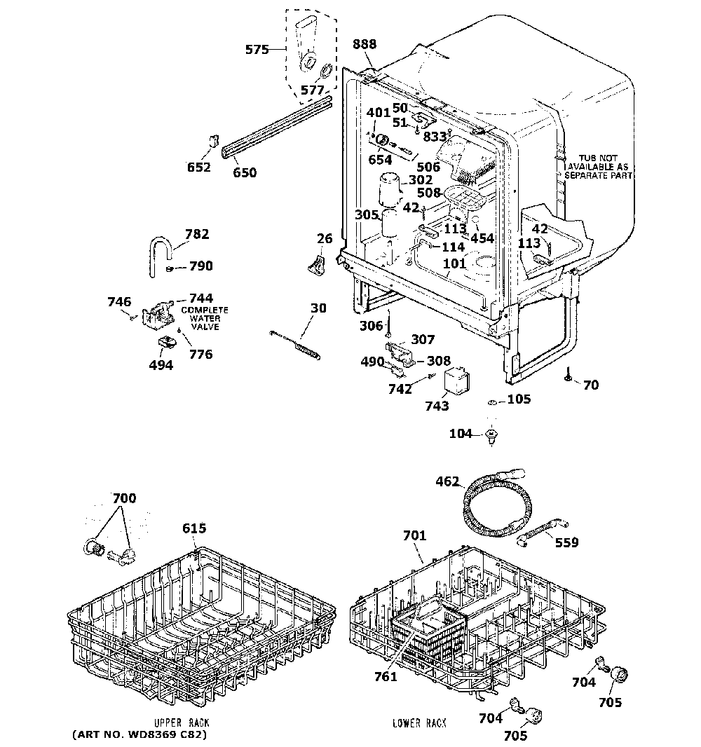 Body parts Diagram and Parts List for GSM2200V65BB  General Electric Dishwasher