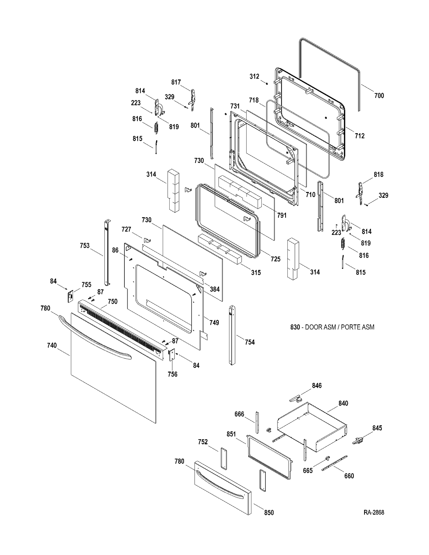 DOOR & DRAWER Diagram and Parts List for JCBP65SP1SS  General Electric Range
