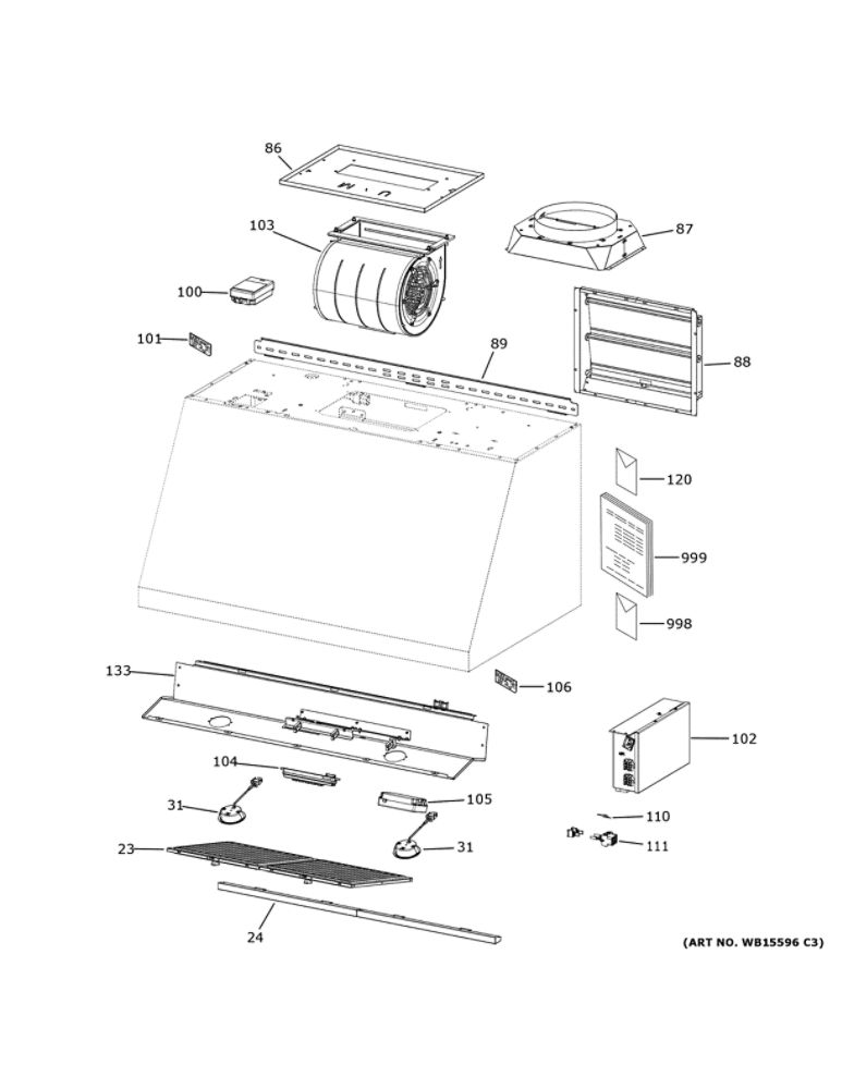 Range Hood Diagram and Parts List for CVW93043P1DS  General Electric Range Hood