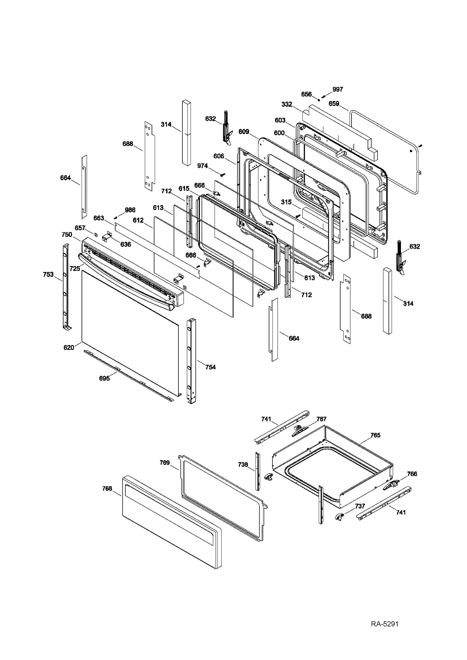 DOOR & DRAWER Diagram and Parts List for JCB860DF1WW  General Electric Range