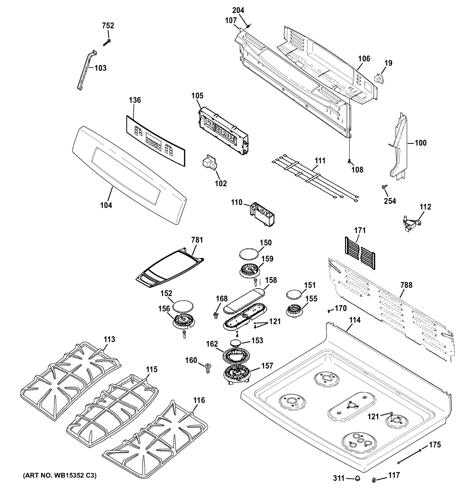CONTROL PANEL & COOKTOP Diagram and Parts List for PGB940SEH1SS  General Electric Range