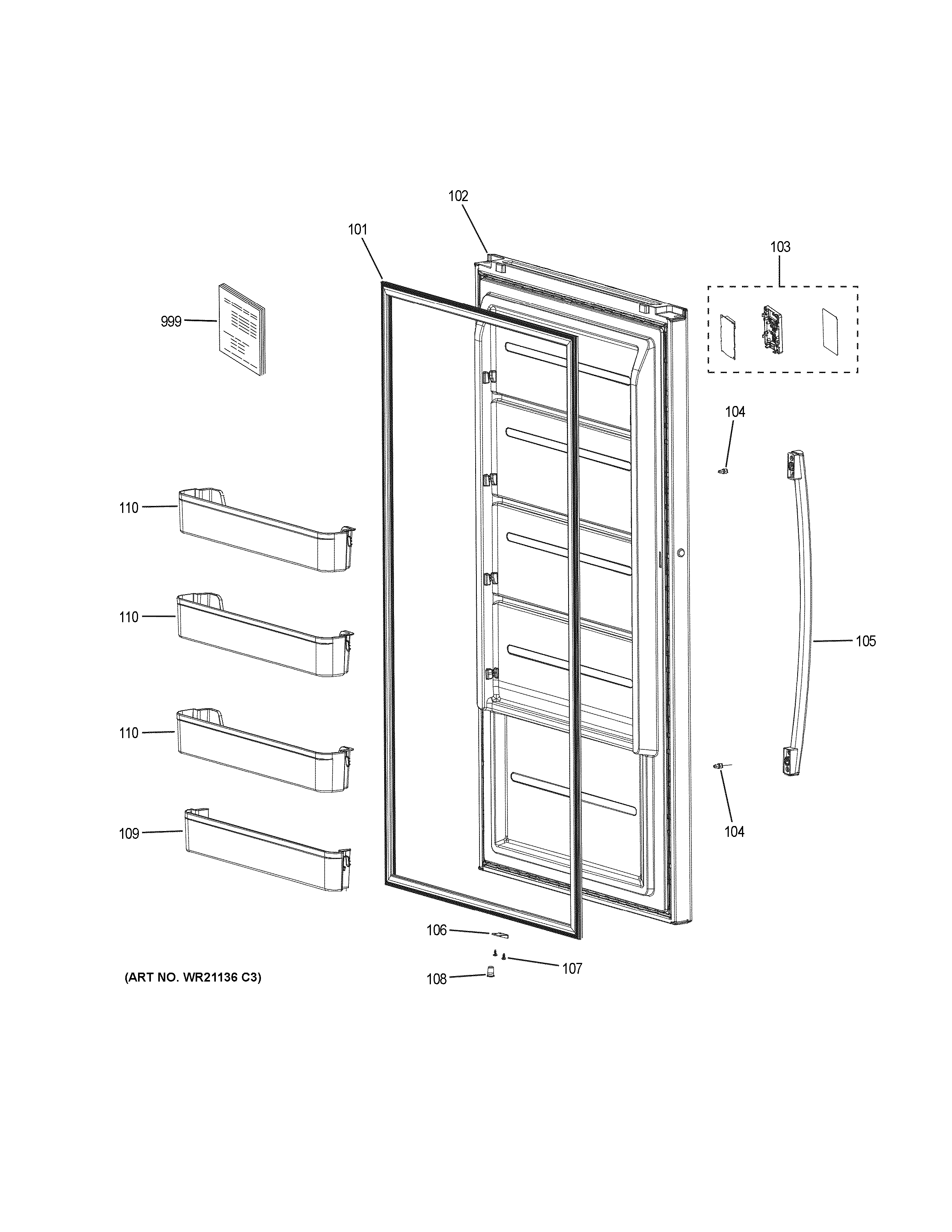 Door Diagram and Parts List for FUF14DLRAWW  General Electric Freezer