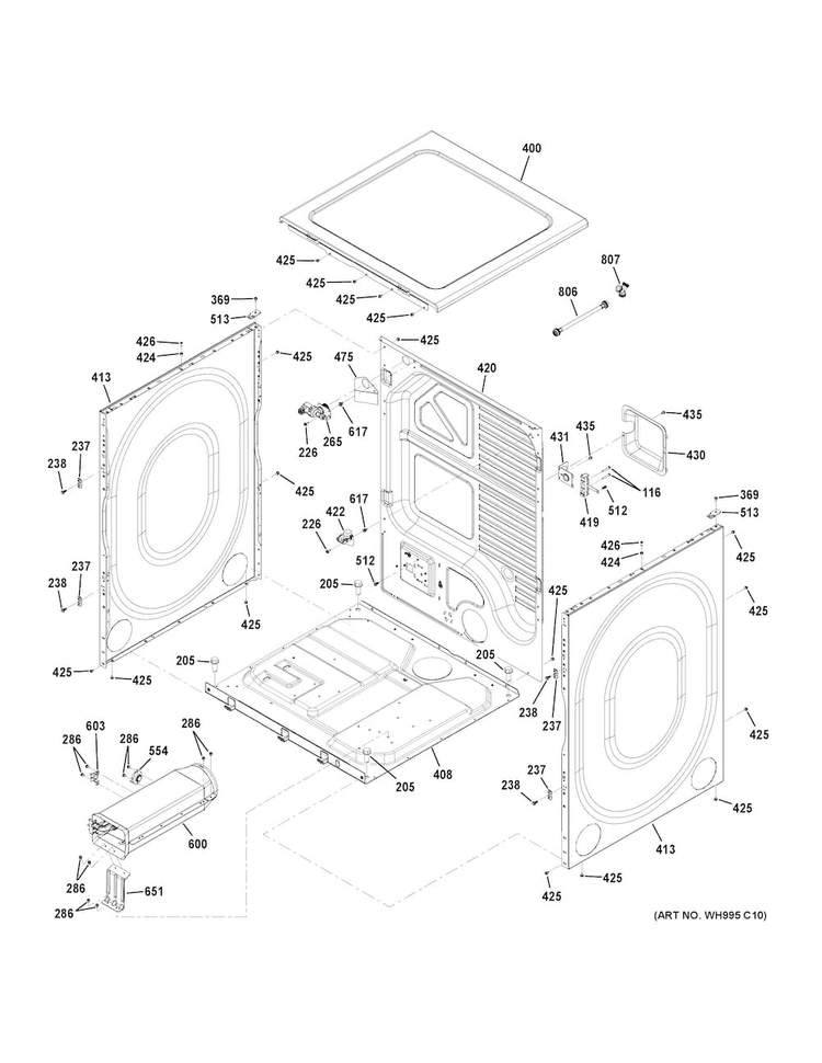 Cabinet & Top Panel Diagram and Parts List for GFD49ERPK0DG  General Electric Dryer