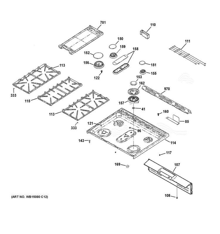 Control Panel & Cooktop Diagram and Parts List for CGS985SET9SS  General Electric Range