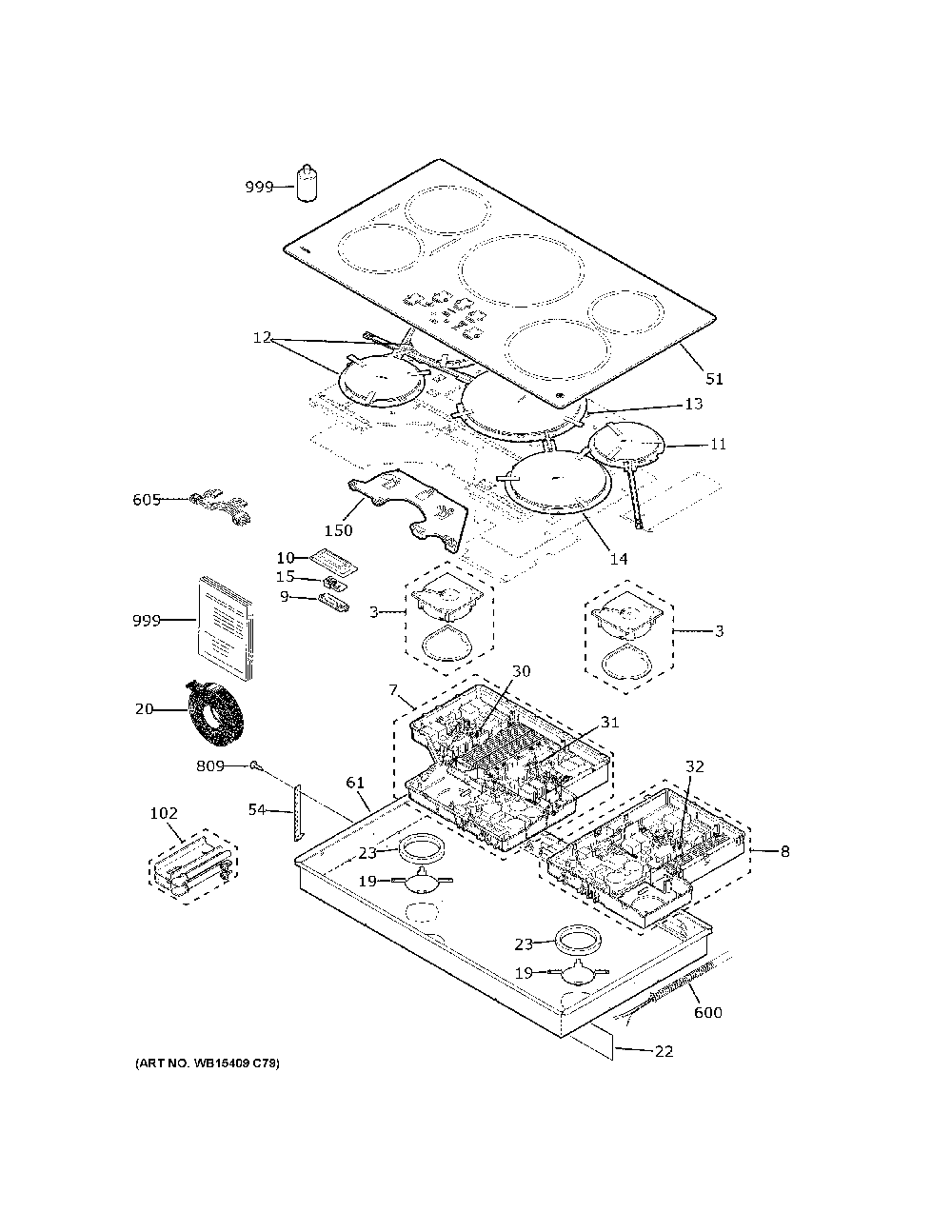 Control Panel And Cooktop Diagram and Parts List for PHP7036DT1BB  General Electric Cooktop